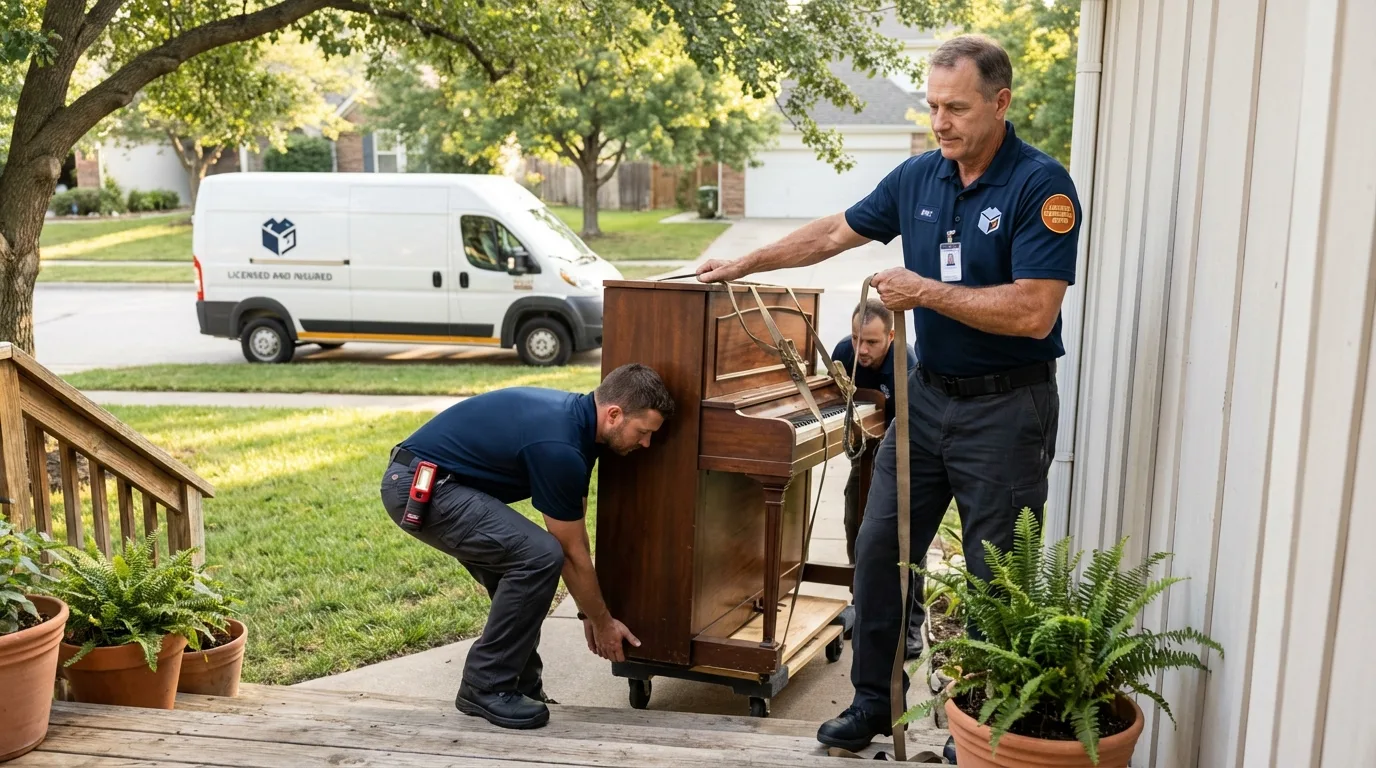 Licensed piano movers securing grand piano in Swedesboro, NJ