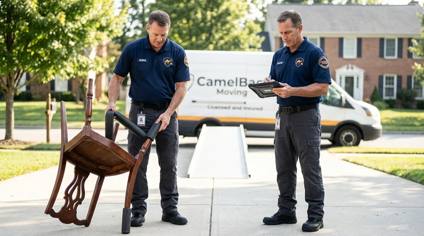 Movers inspecting furniture for damage prevention before loading in Swedesboro, NJ