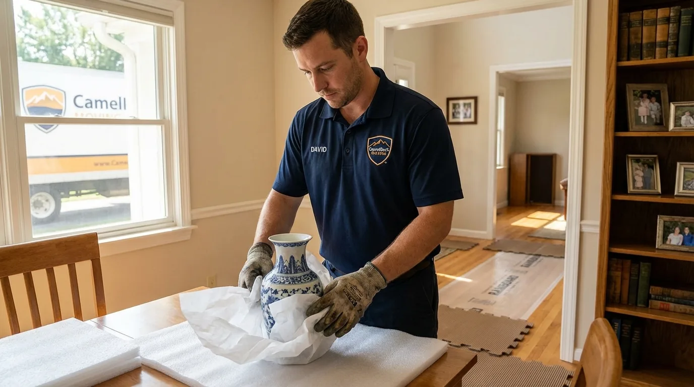 Professional crew carefully wrapping antique vase for senior downsizing move in Swedesboro, NJ